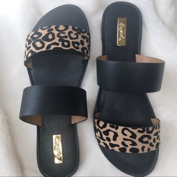 Black & Leopard Print Double strap Slide Sandals - Picture 6 of 8
